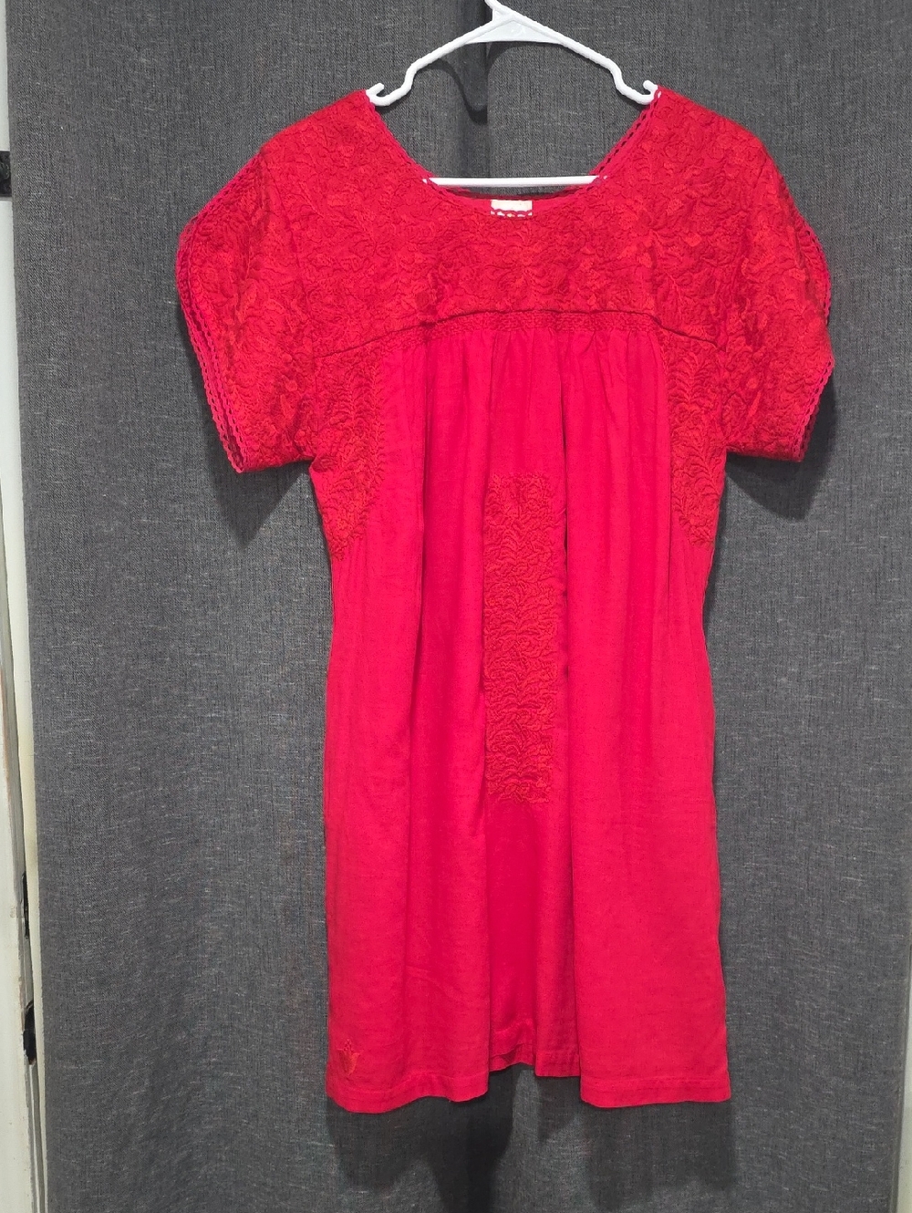 J.marie Red Embroidered Short-Sleeve Tunic Dress